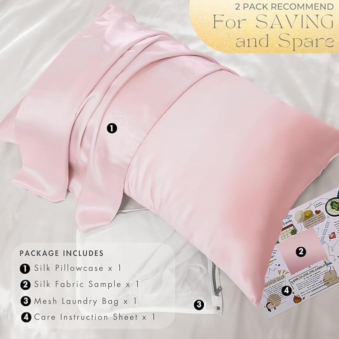 PROMEED 23 Momme Grade 6A+ Pink Silk Pillowcase with Zipper, Premium Mulberry Silk Pillow Cases for Women Hair, Natural Silk Anti Acne Pillowcase (Queen 20"x30", Pink)