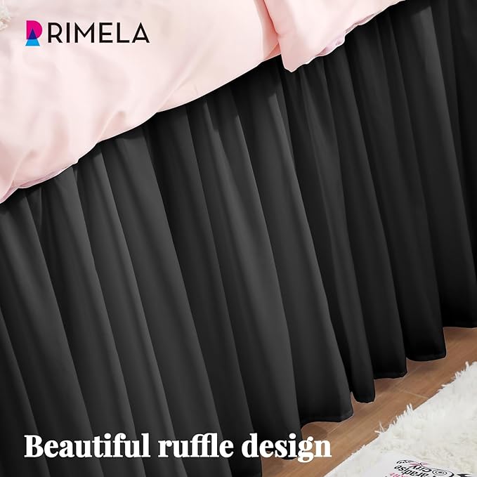RIMELA Dorm Bed Skirt Twin XL 25 Inch Drop, Extra Long Wrap Around Elastic Bed Skirts Easy to Put On Twin Size Dust Ruffle, Black Bedskirt for Adjustable Bed Base Solid Silky Fabric Machine Washable
