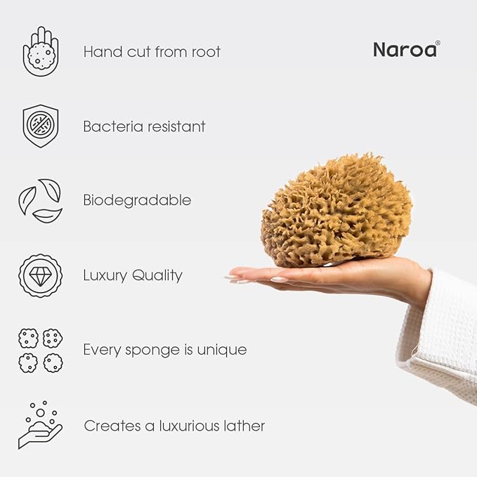 Naroa Soft Natural Sea Sponge | Gentle Loofah for Bathing Smooth Skin | Unbleached Shower Body Scrubber Puff | Bath & Spa (Medium)