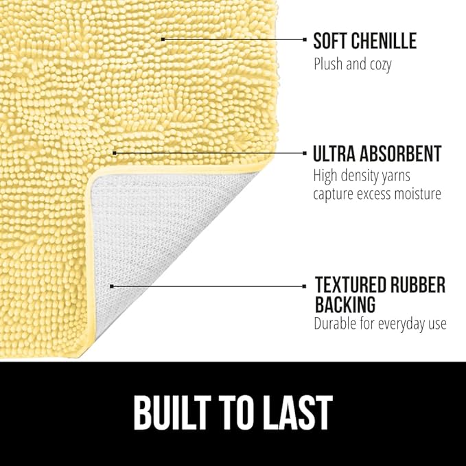 GORILLA GRIP Bath Rug Mat, Thick Soft Absorbent Chenille, Quick Dry Microfiber Mats, Rubber Backing Washable Shower Floor Rugs, Bathmat Runner, US Designed Bathroom Home Decor Accessories 24x17 Yellow