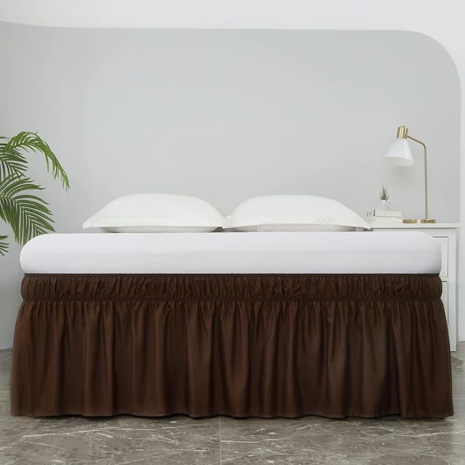 MEILA Wrap Around Bed Skirt Three Fabric Sides Elastic Dust Ruffled 24 Inch Tailored Drop,Easy to Install Fade Resistant-Brown, Queen/King