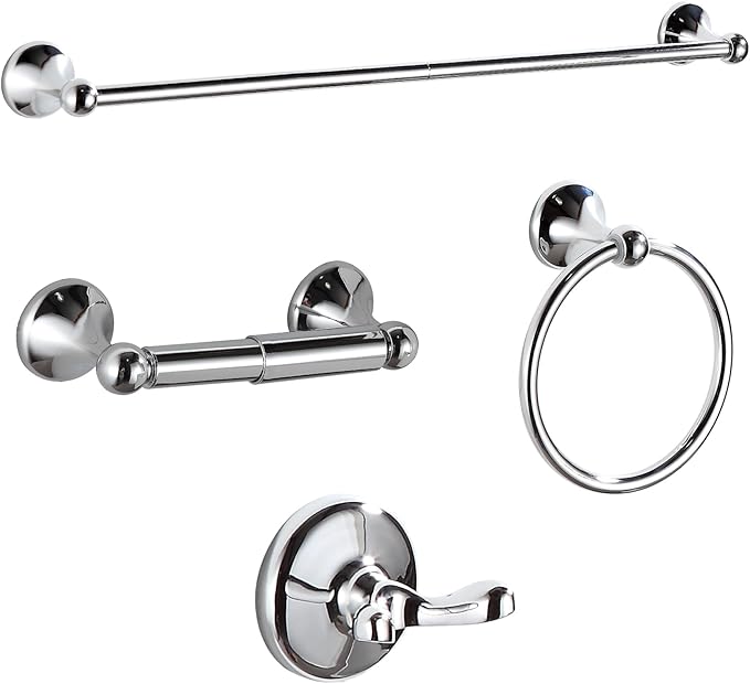 BGL Bathroom Hardware Set, Chrome Adjustable Expandable Towel Bar 4-Piece Bathroom Accessory Set Wall Mounted Robe Hook Toilet Paper Holder Towel Ring Towel Bar