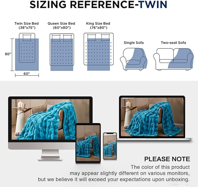 PU MEI Luxury Faux Fur Rabbit Fur Throw Blanket Blue 60"*80",Soft Plush Reversible Sherpa Blankets,Twin Fuzzy Elegant Blanket Thick Throws for Bed,Comfy Bedding Accent Blankets for Sofa Couch Chair