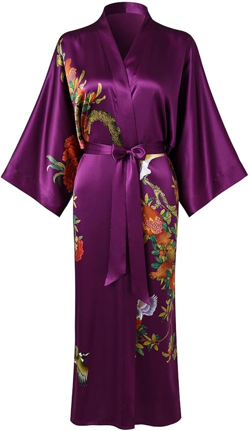 Women's Silk Kimono Robe Long Bathrobe Nightgown 100% Mulberry Silk for Women - Classic Floral Pattern