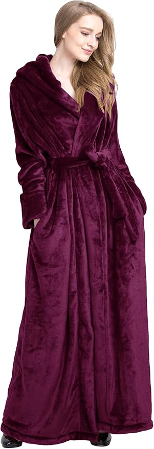 Women's Plush Robe Extra Long Robe with Pockets Thicken Soft Warm Bathrobe