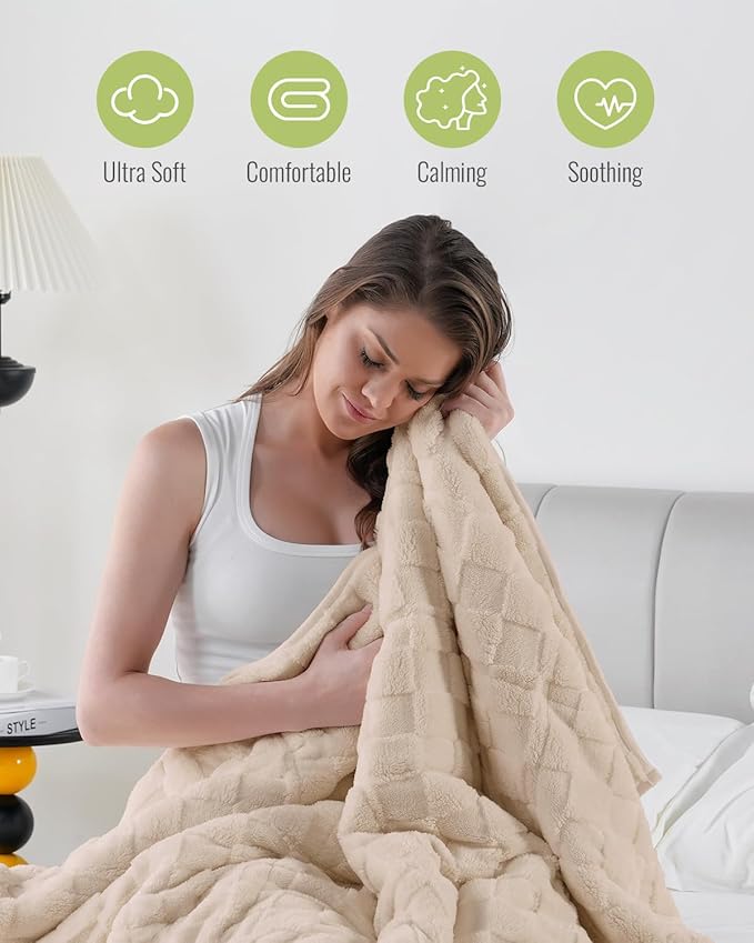 Uttermara Sherpa Fleece Weighted Blanket Full Size(15lbs, 48" x 72", Khaki), 3D Jacquard Checkered Warm Sherpa Heavy Blanket for Adults, Soft Fuzzy Weighted Blankets for Couch Bed Sofa