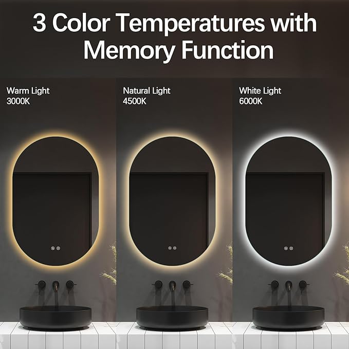 Niccy Oval LED Bathroom Vanity Mirror, 36x24inch Frameless Backlit Mirror with Light, Smart Anti-Fog Waterproof Mirror with Memory Function Dimmable Lighted Mirror