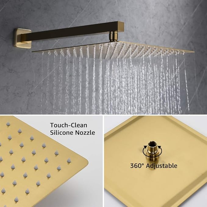 Iriber Brushed Gold Rain Shower System with 10 Inch Shower Head and Handheld Bathroom Wall Mounted Shower Set Contain Shower Faucet Mixer and Trim Kit (Valve Included)