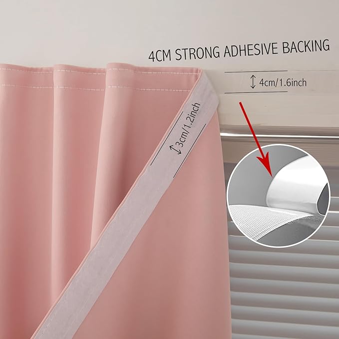 Self Adhesive Blackout Curtains- Stick on Curtains Shades Window Blinds Curtains No Rod Needed Easy to Hang Curtain, Use for Bedroom, Living Room,Roman Shades, 47" W X 59" L, Pink, 1 Panel