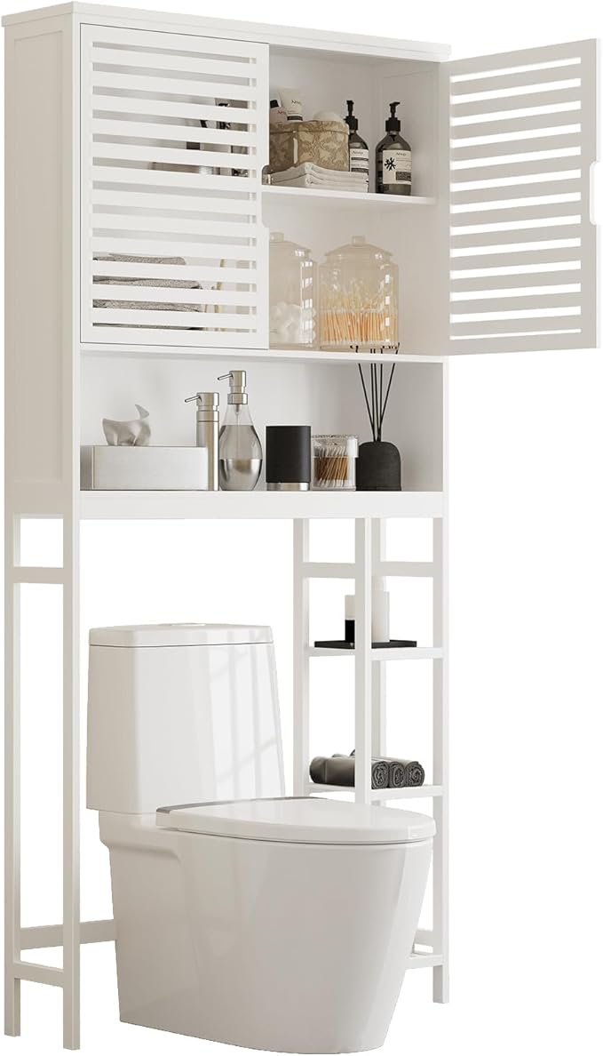 Over The Toilet Storage Cabinet, Bamboo Over Toilet Bathroom Organizer Cabinet with 2 Doors, Freestanding Home Space Save Toilet Rack for Restroom, Bathroom, Laundry, White