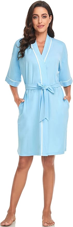 COLORFULLEAF Womens Bamboo Short Robes Lightweight Kimono Cotton Robe Soft Knit Bathrobe Ladies Loungewear with Pockets