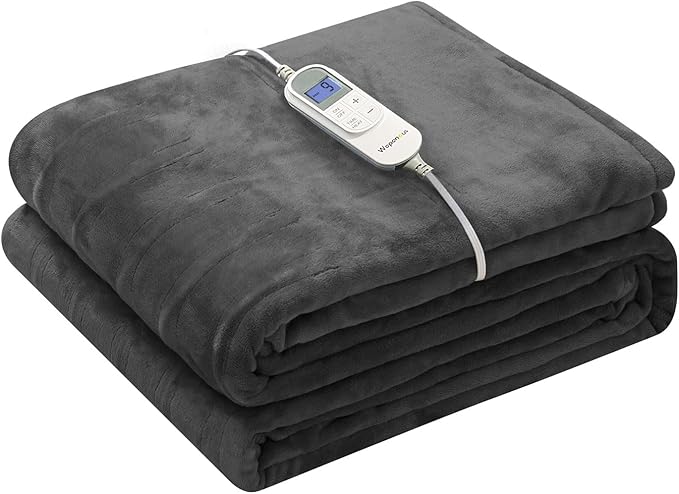 Wapaneus Heated Blanket Electric Blanket 62" x 84" Twin Size with 10 Heating Levels and 12 Hours time Settings, Flannel Fast-Heating Electric Blanket, ETL Listed, Machine Washable, Dark Grey