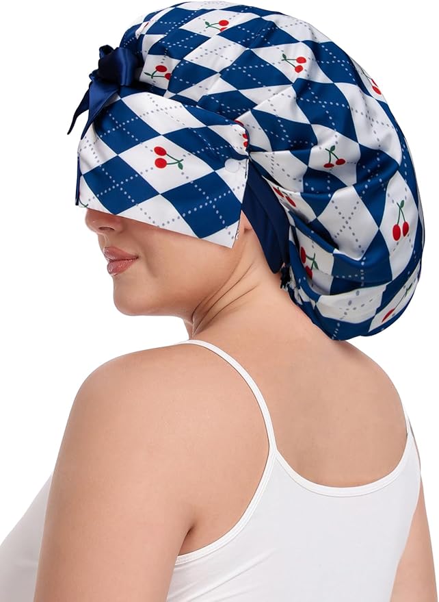 Pleated Silk Sleeping Bonnet with Eye Mask Double Layer Satin Hair Bonnets Sleep Cap for Curly Natural Hair