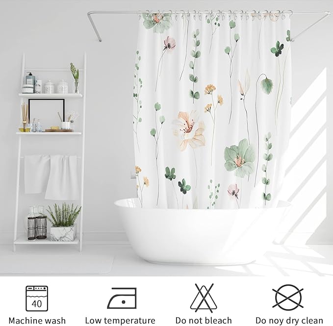 Gibelle Long Shower Curtain 72 x 78, Watercolor Floral Fabric Shower Curtain, Sage Green Beige Flower Decorative Bathroom Shower Curtain Set with Hooks
