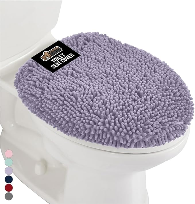 GORILLA GRIP Soft Chenille Bathroom Toilet Lid Cover, Machine Washable Seat Covers, 19.5x18.5, Stays in Place Rubber Backing, Fits Most Round, Elongated and Oblong Lids, Accessories Decor, Lt Purple
