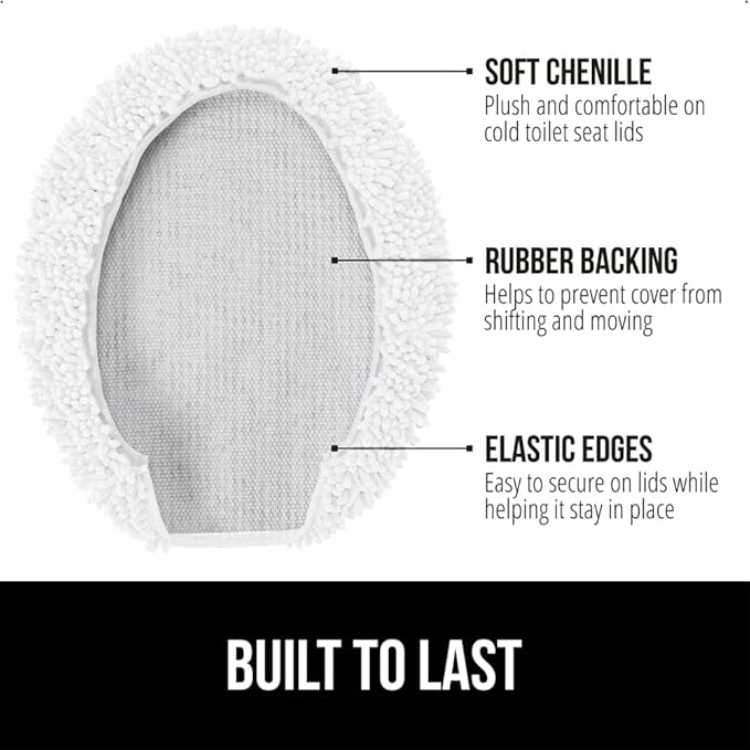 GORILLA GRIP Soft Chenille Bathroom Toilet Lid Cover, Machine Washable Seat Covers, 19.5x18.5, Stays in Place Rubber Backing, Fits Most Round, Elongated and Oblong Lids, Decor, Bright White