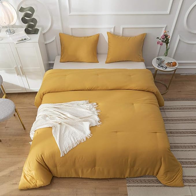 Cottonight Mustard Yellow Comforter Sets Queen Dark Yellow Comforter Full Lightweight Cozy Mustard Bedding Comforter Sets Ginger Yellow Blanket Quilts Soft Comfy for Women Men Adults Teens