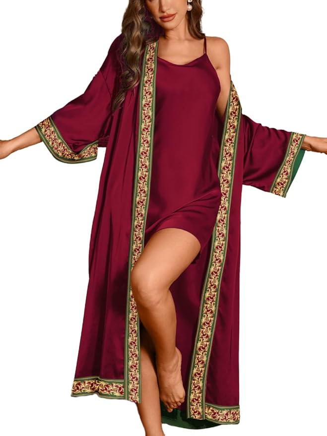 Satin Robe Sets For Women, 2-PC Lightweight Bathrobe, Silk Sleepwear Kimono Bridesmaid Sexy Robes