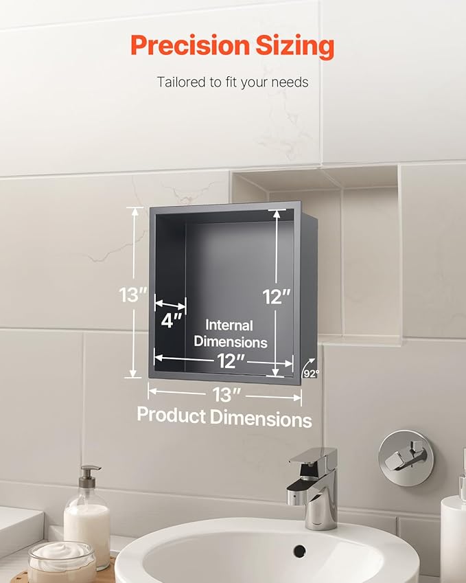 VEVOR Shower Niche, 13 x 13 x 4 inch Recessed Wall Niche, Heavy-duty Stainless Steel Modern Soap & Shampoo Storage Organizer, Sealed Waterproof, Durable & Easy to Install,Black for Bathroom