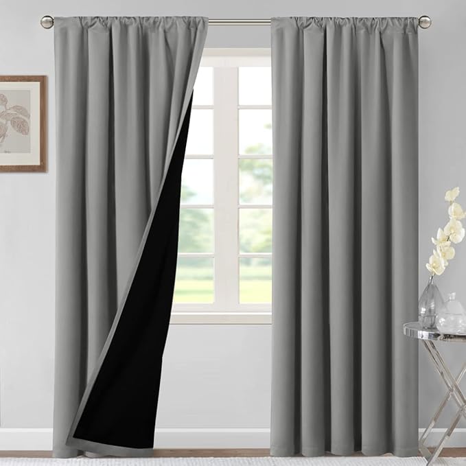 H.VERSAILTEX 100% Blackout Curtains for Bedroom Thermal Insulated Blackout Curtains 96 Inches Long Rod Pocket Window Drapes for Living Room with Black Liner 2 Panels Set, Dove Gray