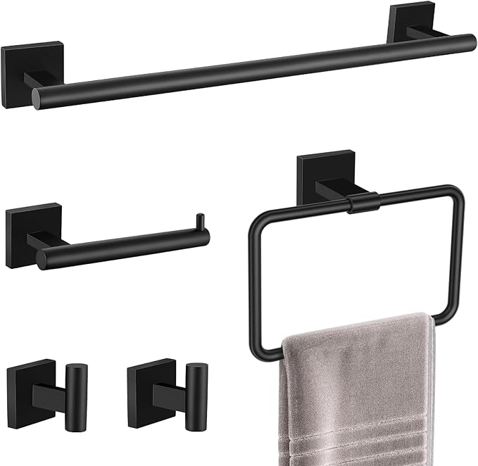 TNOMS 5 Pieces Matte Black Bathroom Hardware Set Black Towel Bar Set for Bathroom SUS304 Stainless Steel Wall-Mounted Towel Racks Set 23.6 Inch
