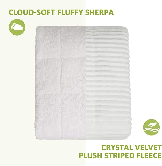 Uttermara Weighted Blanket for Adults Queen Size 15lbs, Striped Ribbed Fuzzy Heavy Blanket, Dual-Sided Ultra Cozy Sherpa & Super Soft Flannel for Sleep, 60x80 Inches, White