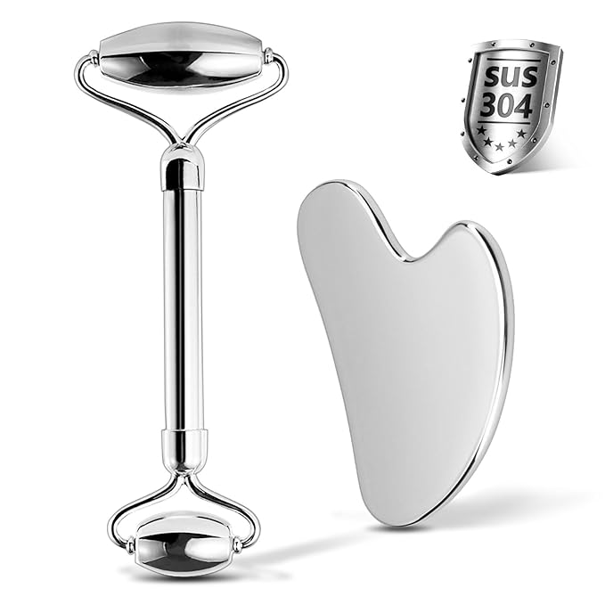 Stainless Steel Facial Roller & Gua Sha - Metallic Gua Sha, Gua Sha Facial Tools 304 Stainless Steel, Face Body Treatment, Reduce Puffiness, Lymphatic Drainage, Facial Tension
