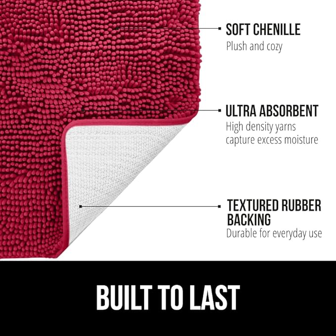 GORILLA GRIP Bathroom Rug Sets, Soft Chenille 2 Piece Area Rugs Set, Toilet Base Mat and 30x20 Carpet, Absorbent Microfiber Washable Mats Dry Quickly, Home Décor and Bath Room Accessories, Red