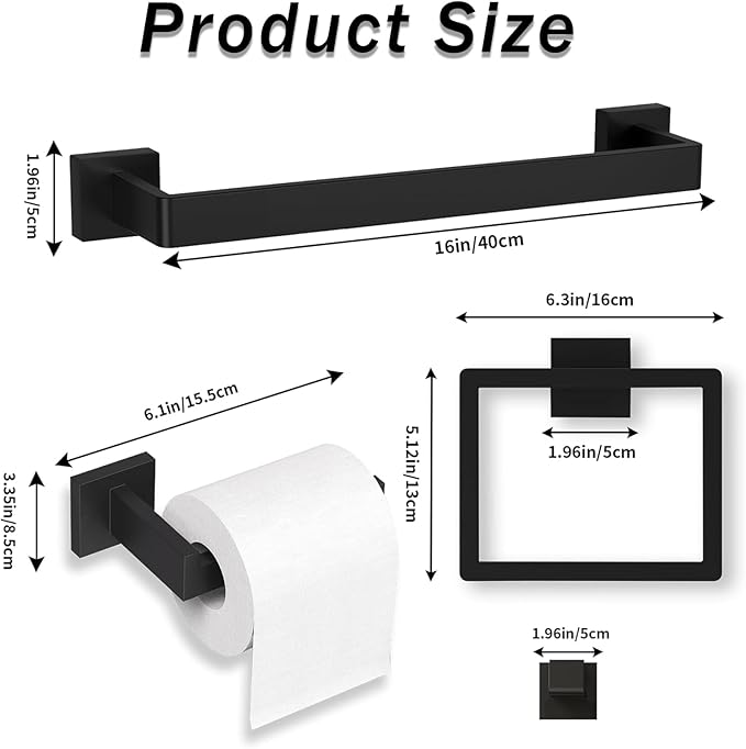 20-Piece Matte Black Bathroom Accessories Set, 16-in Bathroom Towel Rack Set, 304 Stainless Steel Bathroom Hardware Set, Robe Towel Hooks, Toilet Paper Holder Wall Mounted (20 Pcs)