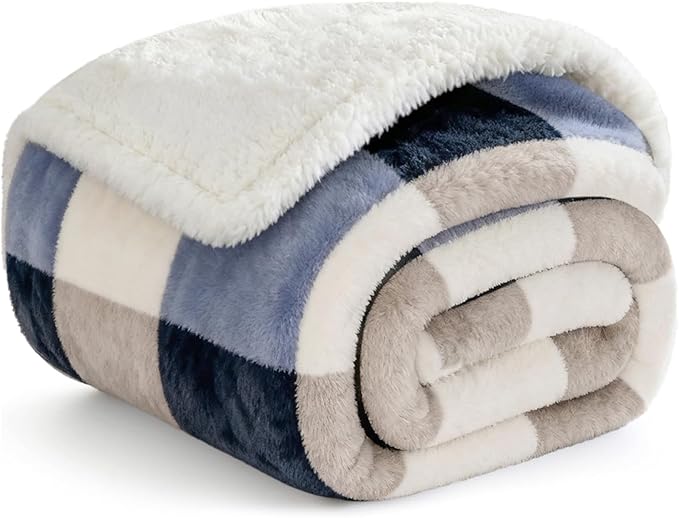 Sherpa Blanket Fleece Throw Blanket for Couch, Flannel Cozy Thick Warm Soft Twin Blanket for Bed, Gray-Soft Blue, 60x80 Inches