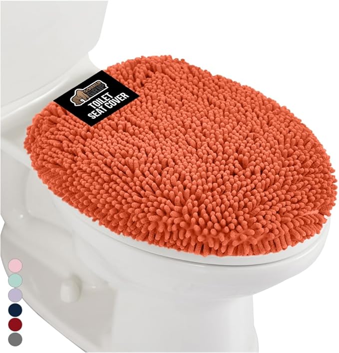 GORILLA GRIP Soft Chenille Bathroom Toilet Lid Cover, Machine Washable Seat Covers, 19.5x18.5, Stays in Place Rubber Backing, Fits Most Round, Elongated and Oblong Lids, Accessories Decor, Coral