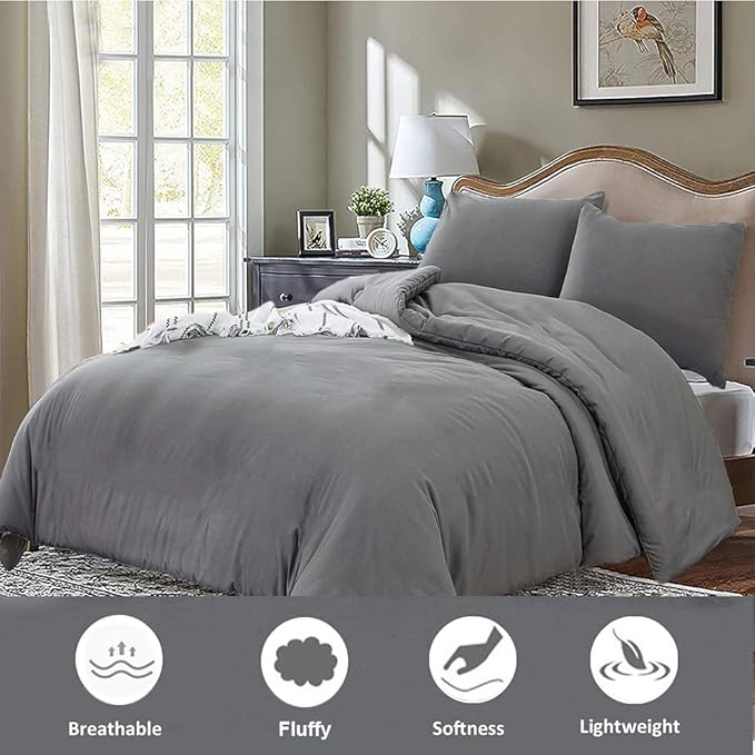 Cottonight Grey Comforter Set Twin Dark Grey Bedding Set Modern Solid Gray Blanket Quilts Modern Soft Breathable 3 Piece Comforter Set for Twin Bed Boys Kids