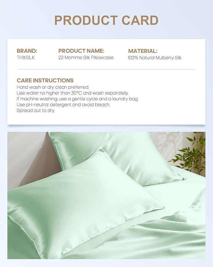 THXSILK Set of 2 Silk Pillowcase for Hair and Skin, 100% Mulberry Silk Bed Pillowcase 22 Momme, Hypoallergenic Soft Breathable Silk Pillow Case with Hidden Zipper, King Size 20"x36", Turquoise Green