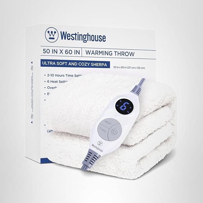 Westinghouse Electric Blanket Throw Size, Soft Plush Sherpa Heated Blanket with 6 Heating Levels & 2-10 Hours Auto-Off, Machine Washable, 50x60 inches, Ivory