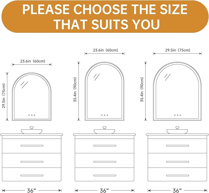 Arched LED Mirror for Bathroom 24"x36", Orange Gold LED Bathroom Mirror with Lights, Fogless, Dimmable, Shatterproof, Touch Sensor, 3 Color Changing