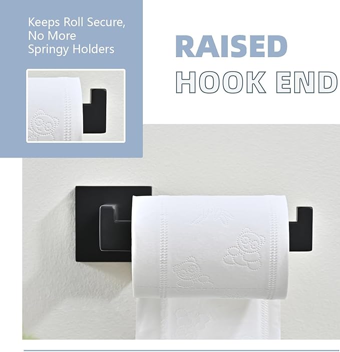 3PCS Bathroom Hardware Set, Matte Black Toilet Paper Holder, 2 Square Towel Robe Hooks, SUS 304 Stainless Steel, Wall Mounted, Modern, Rust‑Resistant (Black)