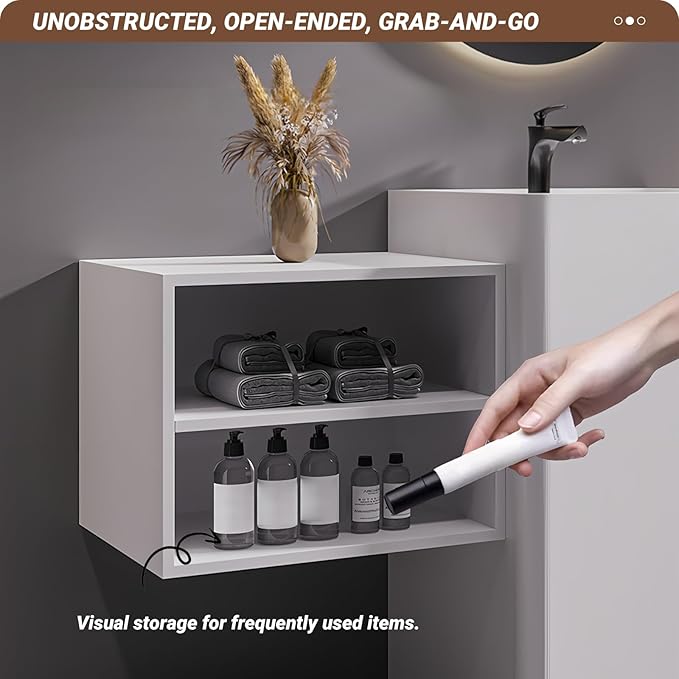 64Inch Freestanding Sink Bathroom Vanity, Wall-Mount Bathroom Cabinet with Open Storage and Striped Drawers, Solid Wood Bathroom Vanity with Smart Defog Mirror and Spacious Rock Plate Countertop
