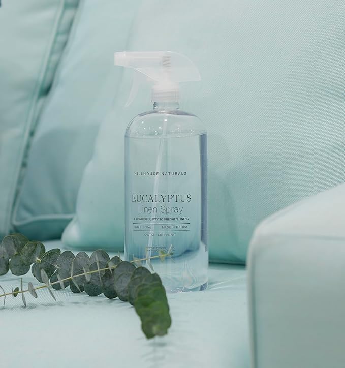 Hillhouse Naturals 1 liter Eucalyptus Linen Mist Aromatherapy Spray for Relaxation and Sleep. With scents of spearmint, eucalyptus, rosemary and our special floral blend. Made in the USA
