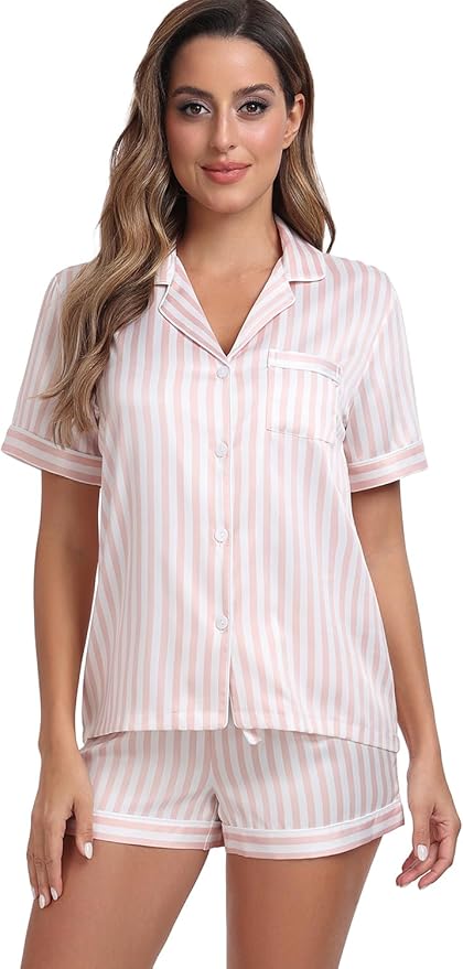 Women's Satin Pajama Set 2-Piece Sleepwear Loungewear Button Down Short Sleeve Silky PJ Set