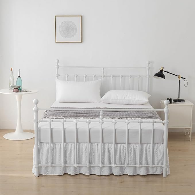 Bed Skirt King Size Ruffled Bed Skirt with Split Corners, 16 Inch Drop Dust Ruffle Bed Skirts with Platform, Boho Tufted Shabby Chic Full Size Bed Skirts, White