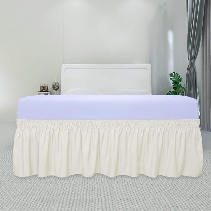 PureFit Wrap Around Ruffled Bed Skirt with Adjustable Elastic Belt - 22 Inch Drop Easy to Put On, Wrinkle Free Bedskirt Dust Ruffles, Bed Frame Cover for Queen, King and C-King Size Beds, Ivory