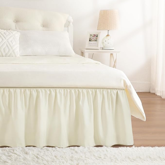RIMELA Off White Bed Skirt King Size 18 Inch Drop, Elastic Bed Skirting for Bed Base and Frame, Bedding Dust Ruffle Easy to Install, Lightweight Wrap Around Adjustable Bedskirt