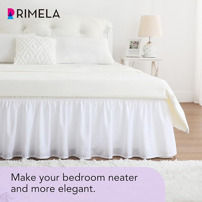 RIMELA White Bed Skirt Full Size 18 Inch Drop, Elastic Bed Skirting for Bed Base and Frame, Bedding Dust Ruffle Easy to Install, Lightweight Wrap Around Adjustable Bedskirt