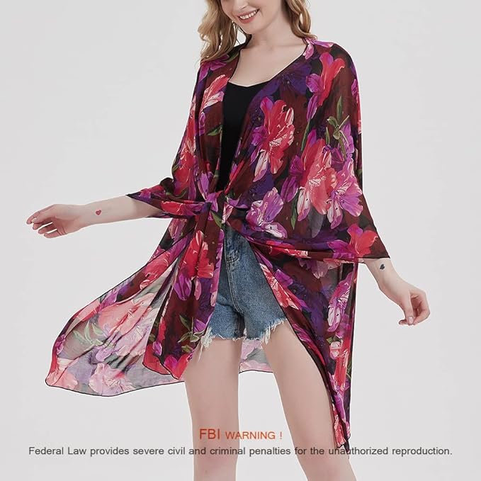 Women's Bohemian Floral Chiffon Beach Cover up Swimsuit Kimono Summer Swimwear Cardigans