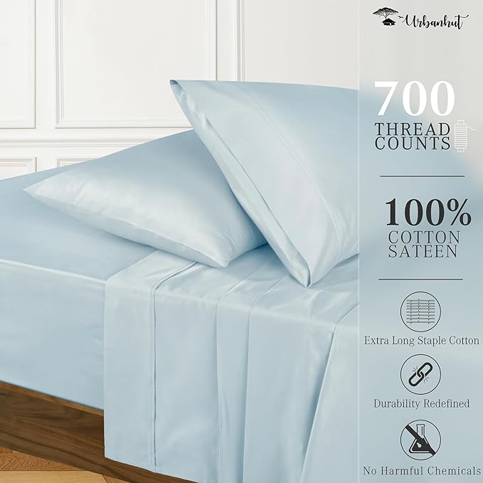 URBANHUT 700 Thread Count California King Size Egyptian Cotton Sheets, 4Pc Sheet Set Soft Luxury Bed Sheets for Cal King Size Bed, Sateen Weave Hotel Sheets, 16'' Elasticized Deep Pocket - Light Blue