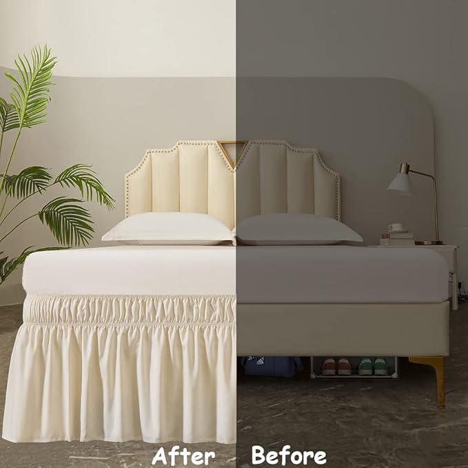 MEILA Wrap Around Bed Skirt Three Fabric Sides Elastic Dust Ruffled 14 Inch Tailored Drop,Easy to Install Fade Resistant-Beige, Queen/King