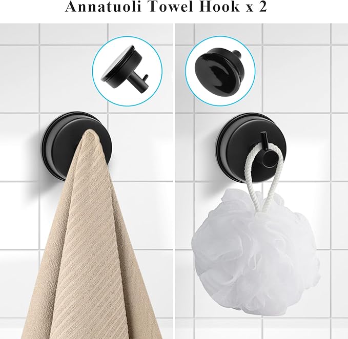 5 Piece Suction Cup Bathroom Accessories Set, Adjustable 12-21 Inches Suction Cup Towel Bar Towel Racks, Robe Towel Hooks Toilet Paper Holder for Glass Shower Door Bathroom Matte Black