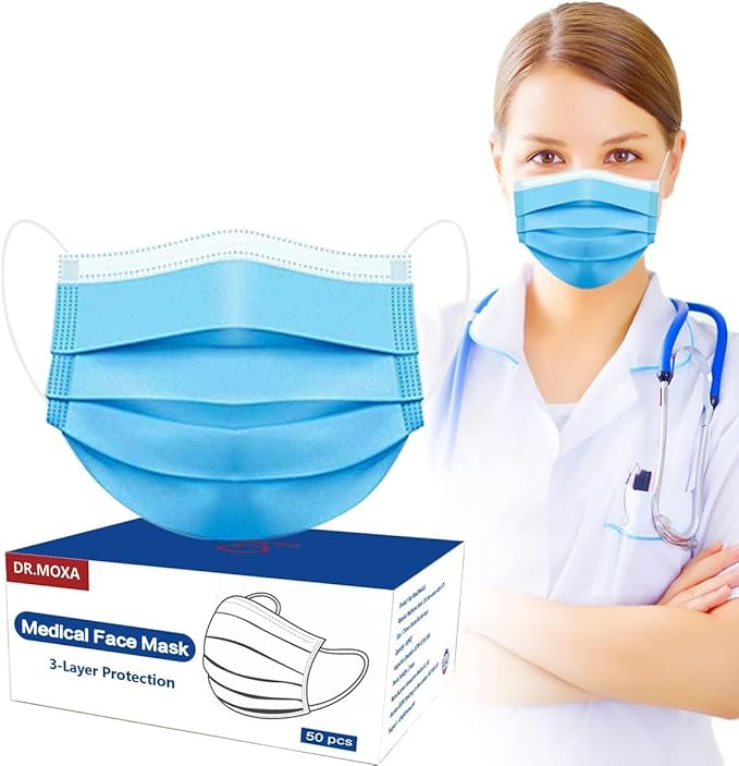 DR.MOXA 50 Pack Disposable Face Masks, Medical Grade 3 Ply Masks for Protection Blue