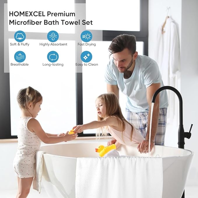 HOMEXCEL Bath Towel Set Pack of 4, 30 x 60 Inches Large Microfiber Bath Towels, Soft, Absorbent, and Quick Dry Towels for Bathroom, Pool, Beach, Swim, and Yoga, Large Bathroom Towels, White