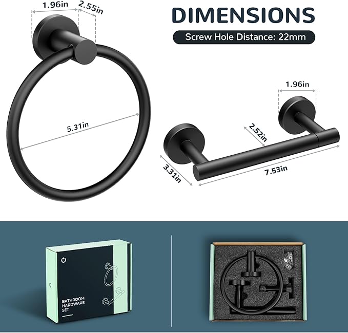 FORIOUS Matte Black Toilet Paper Holder Wall Mount, SUS304 Stainless Steel Double Post Pivoting Tissue Roll Holder and Hand Towel Ring Set for Bathroom, RV, Bathroom Hardware Accessories Set